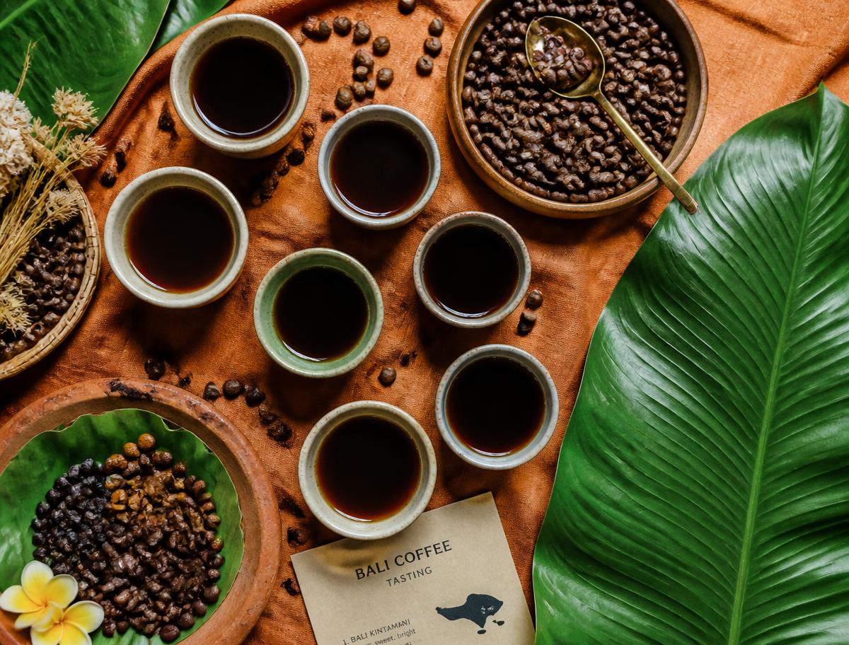 Bali coffee tasting flight with roasted beans on terracotta cloth